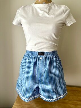 Blue Gingham High-waisted Boxer Shorts